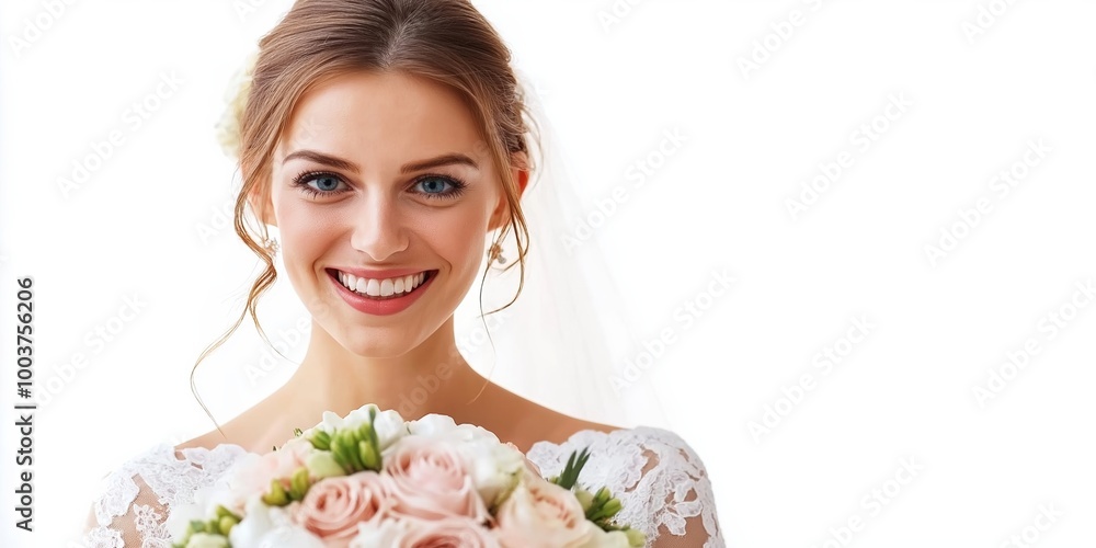 A bride is holding a bouquet of flowers and smiling. Concept of happiness and celebration, as the bride is getting ready for her wedding. The flowers in the bouquet add a touch of elegance A bride is holding a bouquet of flowers and smiling. Concept of happiness and celebration, as the bride is getting ready for her wedding. The flowers in the bouquet add a touch of elegance