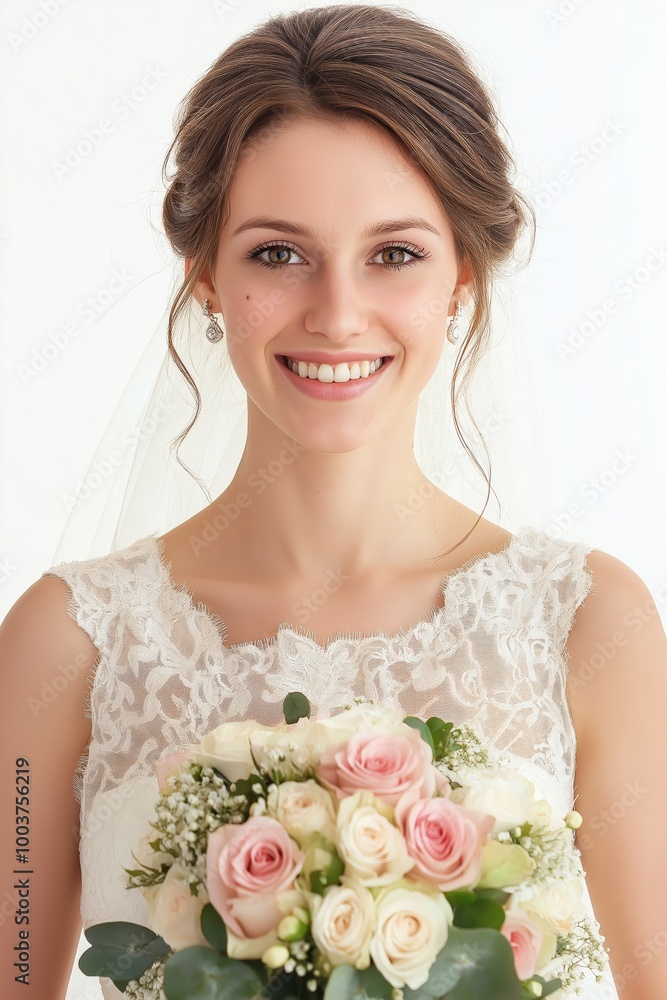 A woman is wearing a white dress and holding a bouquet of flowers. She is smiling and she is happy A woman is wearing a white dress and holding a bouquet of flowers. She is smiling and she is happy