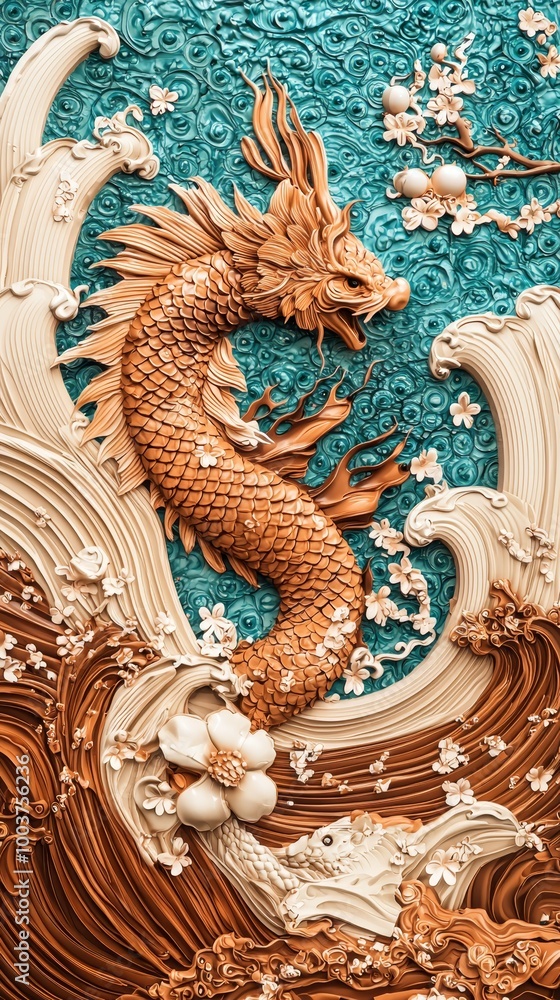 Fototapeta premium A dragon atop a wave, in the heart of a water body, stands a tree in the background