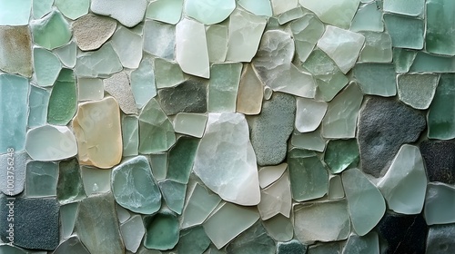 Abstract wall art of large sea glass tiles, muted tones of gray, seafoam, and green, arranged to mimic weathered beach stones, modern design, soft natural light, high detail photo