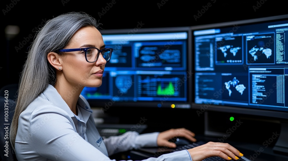 Cybersecurity Analyst at Work: Focused female professional monitoring digital security systems on multiple screens. A portrait showcasing dedication, expertise, and technological prowess. Cybersecurity Analyst at Work: Focused female professional monitoring digital security systems on multiple screens. A portrait showcasing dedication, expertise, and technological prowess.