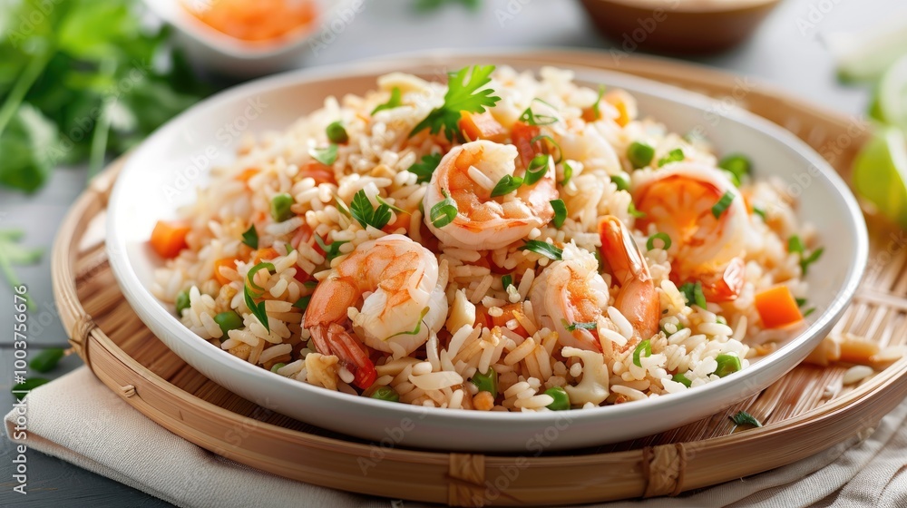 Fried rice with shrimp on the white dish on bamboo board Fried rice with shrimp on the white dish on bamboo board
