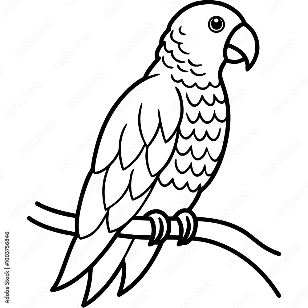 Obraz premium Colorful Vector Illustration of an African Grey Parrot Perched Amidst Tropical Vines 