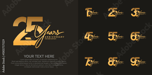 Anniversary logo set vector design, gold color for celebration event