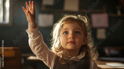 A young child raises her hand in a classroom, eager to participate.