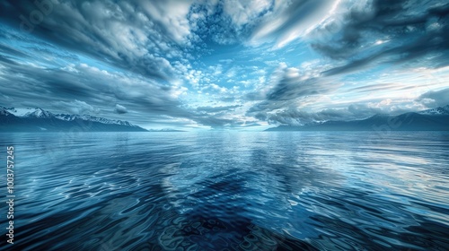 A serene expanse of Alaskan waters stretches beneath a dramatic sky filled with layered clouds and distant mountains creating a perfect blend of tranquility and awe inspiring beauty photo