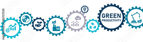 Green Productivity banner vector illustration with the icon of sustainable business, improvement, competitiveness, reduce cost, environmental conversation, innovative solution, balance economic growth