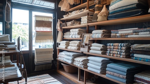 Cozy textile shop with folded fabrics on wooden shelves.