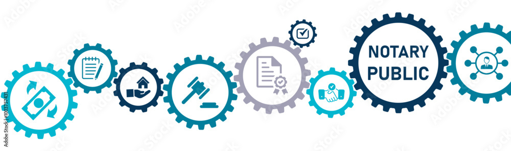 Notary Public banner website icons vector illustration concept of with icons of estate, deeds, signature validation, affirmation, business, transaction, statutory declaration, act. Notary Public banner website icons vector illustration concept of with icons of estate, deeds, signature validation, affirmation, business, transaction, statutory declaration, act.