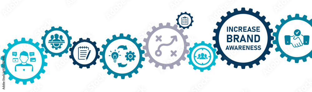 Increase brand awareness banner website icons vector illustration concept of with icons of marketing strategy, story, value, content, community, contest, algorithm, target audience. Increase brand awareness banner website icons vector illustration concept of with icons of marketing strategy, story, value, content, community, contest, algorithm, target audience.