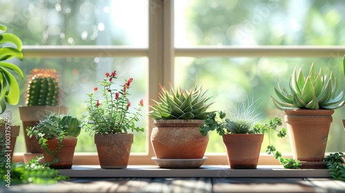 Succulent cactus fern and other plants and flowers in clay pots on windowsill Modern scandinavian interior design