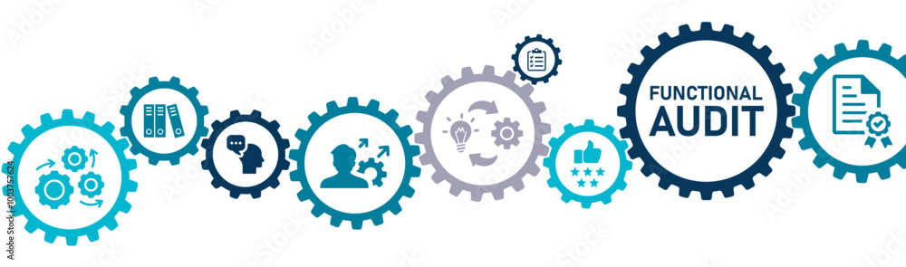 Functional Audit banner website icons vector illustration concept of with icons of review, efficiency, analysis, optimization, accountability, productivity, procedure, assessment. Functional Audit banner website icons vector illustration concept of with icons of review, efficiency, analysis, optimization, accountability, productivity, procedure, assessment.