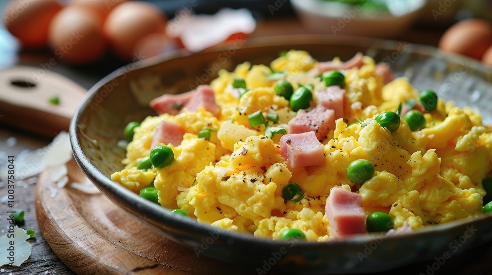Peas and ham scrambled eggs meal Selective focus Peas and ham scrambled eggs meal Selective focus