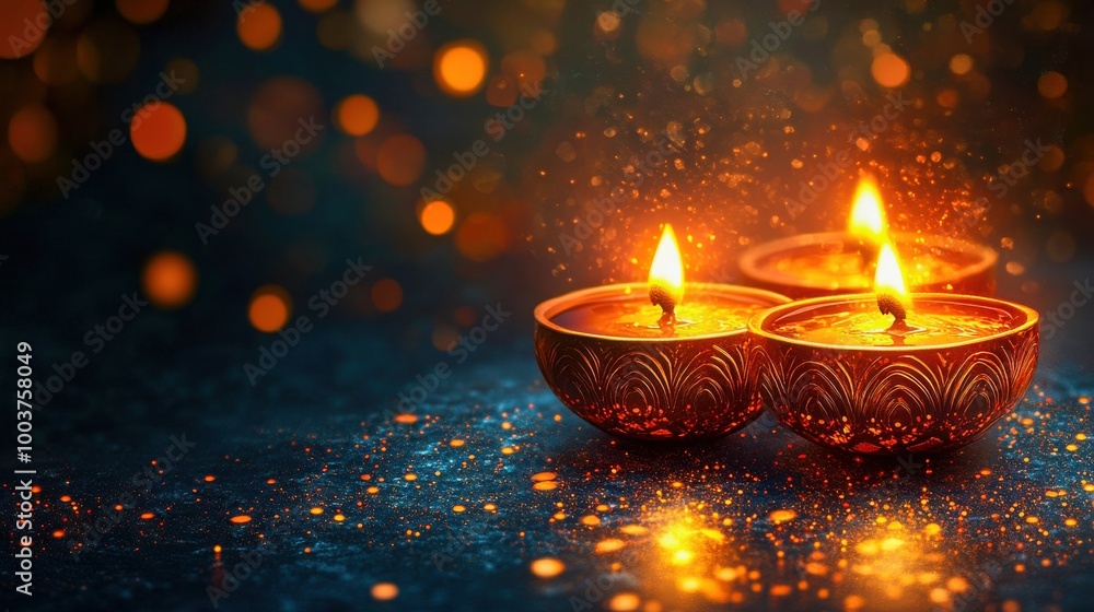 Three traditional clay oil lamps lit during diwali festival celebration at night Three traditional clay oil lamps lit during diwali festival celebration at night