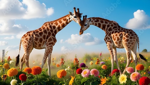 Giraffes Exploring a Flowering Field is a captivating wildlife image that showcases a pair of graceful giraffes wandering through a lush meadow filled with vibrant wildflowers. photo