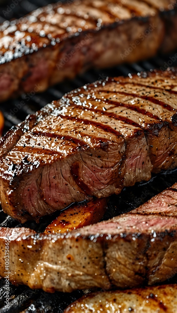 A close-up of perfectly grilled barbecue steaks with ideal grill marks and juicy texture. A close-up of perfectly grilled barbecue steaks with ideal grill marks and juicy texture.