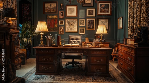 A luxurious study room combining antique desks