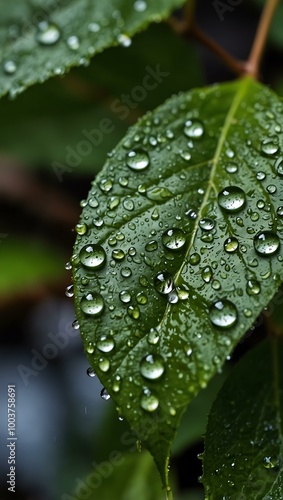 A close-up of raindrops on green leaves showcases nature's beauty and the significance of water for life.