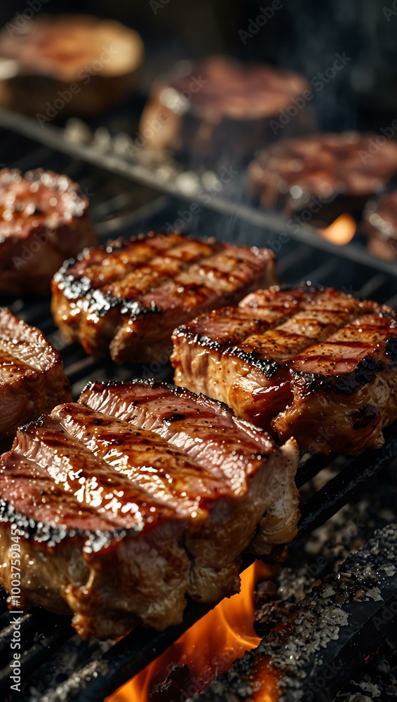 A close-up shows juicy meat searing on a grill, with caramelized surfaces releasing delightful smoke. A close-up shows juicy meat searing on a grill, with caramelized surfaces releasing delightful smoke.