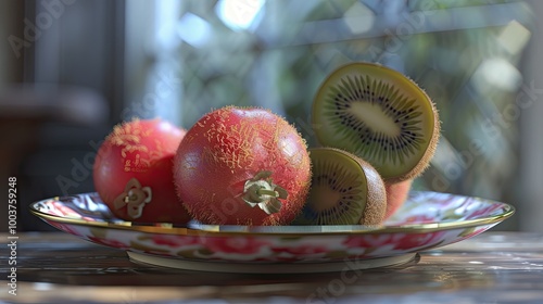 The Red kiwis on the dish photo