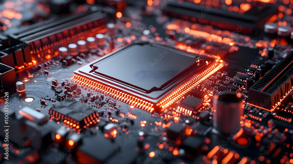 Circuit Board with Glowing Processor - Close-up Circuit Board with Glowing Processor - Close-up