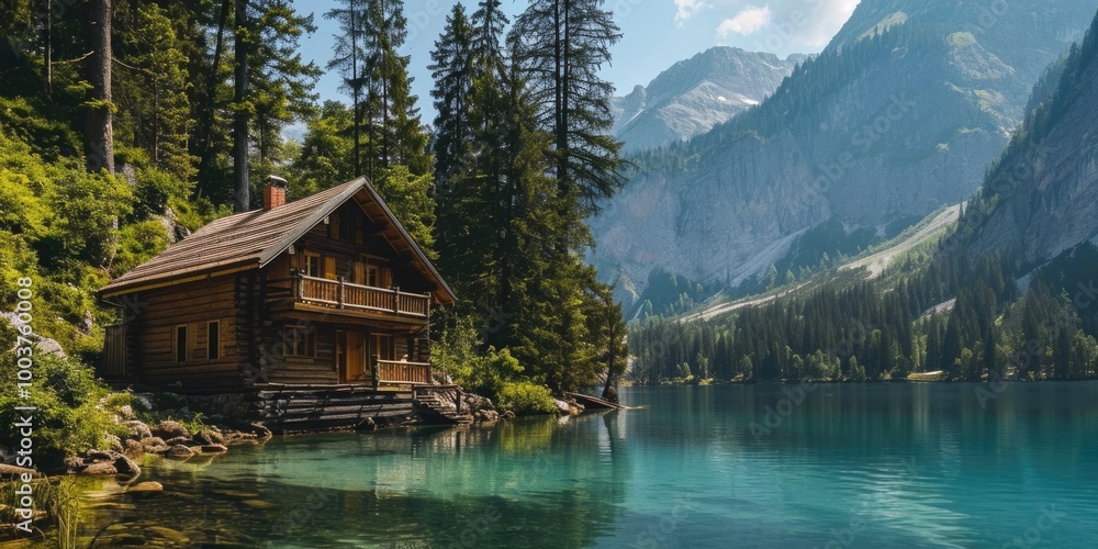 Fototapeta premium Cabin Serenity: A Lakeside Retreat Surrounded by Nature's Beauty