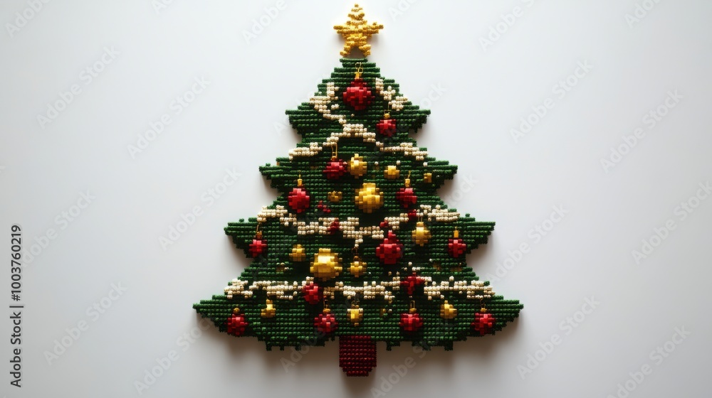 Pixel art Christmas tree with decorations, plain white backdrop, gold ornaments and lights, copy space for text, charming and minimal design. Pixel art Christmas tree with decorations, plain white backdrop, gold ornaments and lights, copy space for text, charming and minimal design.