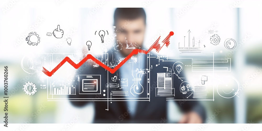 A business strategy visualization with a man in a blurred background drawing on a transparent surface. Various white hand-drawn icons and words such as 'Betting Strategy,' 'Wagering,' 'Odds,' 'Goals,' A business strategy visualization with a man in a blurred background drawing on a transparent surface. Various white hand-drawn icons and words such as 'Betting Strategy,' 'Wagering,' 'Odds,' 'Goals,'