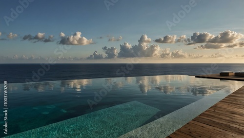 A contemporary infinity pool reflects the ocean and sky, featuring luxurious amenities.