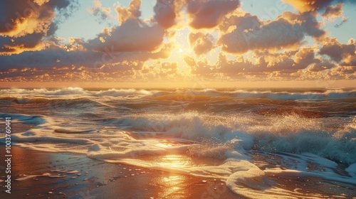 Fototapeta Naklejka Na Ścianę i Meble -  Baltic sea shore at sunset Soft golden sunlight glowing sky waves Idyllic seascape Travel destinations eco tourism nature weather climate change Picturesque panoramic scenery