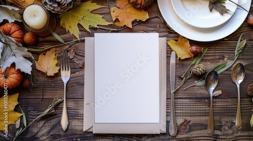 Fototapeta Naklejka Na Ścianę i Meble -  Thanksgiving invitation card mock up fall table setting with leaves and blank paper place for text