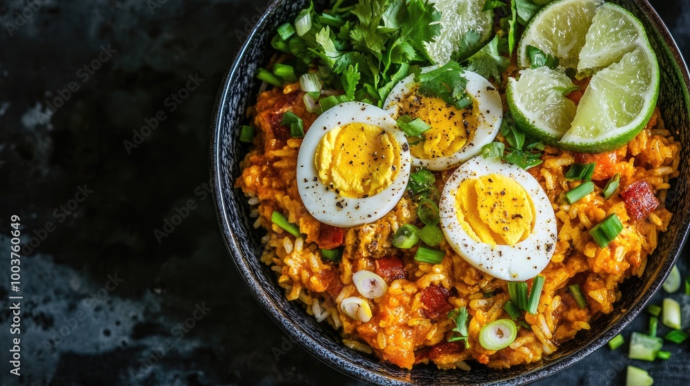 Flavorful Rice Bowl with Eggs and Fresh Ingredients Flavorful Rice Bowl with Eggs and Fresh Ingredients