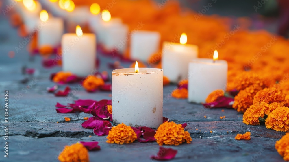 Candles and marigold flowers for a spiritual celebration on a stone surface. Candles and marigold flowers for a spiritual celebration on a stone surface.