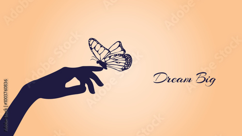Elegant Hand with Butterfly Silhouette Illustration. Beautiful Butterfly Wings In A Minimalist Design for Nature Themed Backgrounds, Wedding Invitations, Printable Patterns, Wrapping, Greeting Cards.