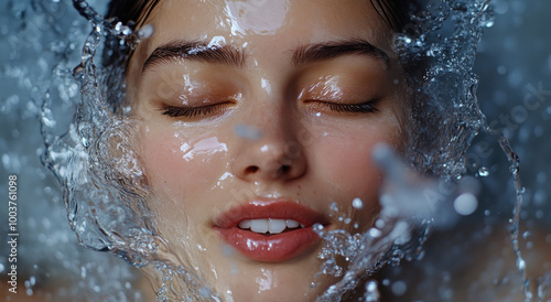 Water splashing on a beautiful woman's face