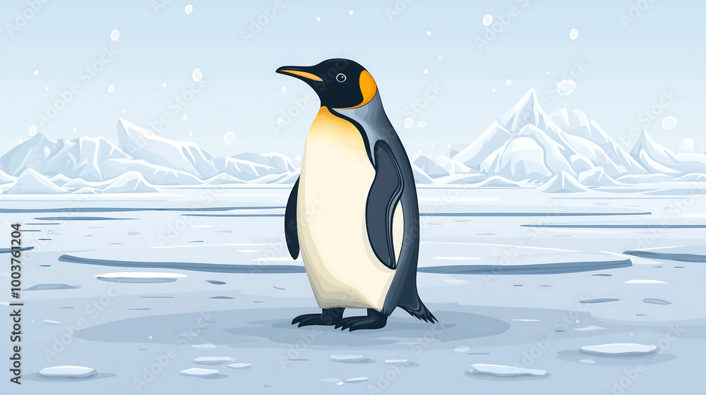 Obraz premium Cute emperor penguin standing on an ice floe in an arctic landscape