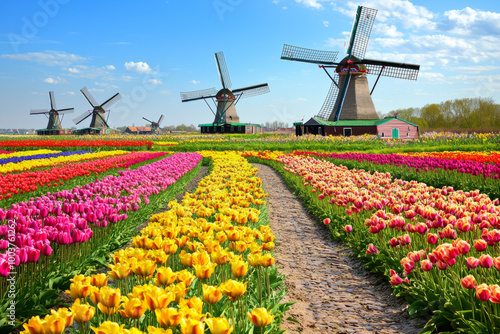 A vibrant landscape featuring colorful tulip fields and traditional windmills under a sunny sky.