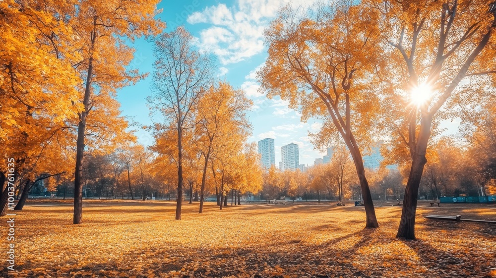Colorful autumn Park with city view red and yellow maple trees and blue sky,Autumn forest path,Lawn in autumn city park in Sunny day,Trees with yellow leaves in park,Natural Wallpaper.