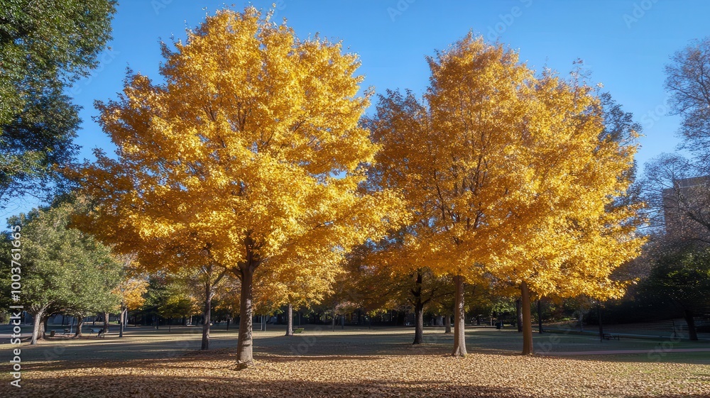 Colorful autumn Park with city view red and yellow maple trees and blue sky,Autumn forest path,Lawn in autumn city park in Sunny day,Trees with yellow leaves in park,Natural Wallpaper. Colorful autumn Park with city view red and yellow maple trees and blue sky,Autumn forest path,Lawn in autumn city park in Sunny day,Trees with yellow leaves in park,Natural Wallpaper.