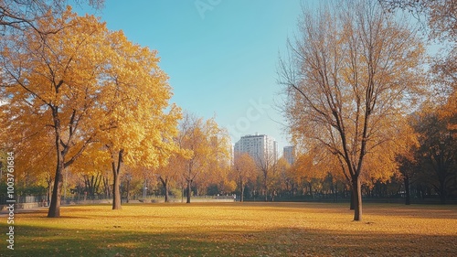 Colorful autumn Park with city view red and yellow maple trees and blue sky,Autumn forest path,Lawn in autumn city park in Sunny day,Trees with yellow leaves in park,Natural Wallpaper.