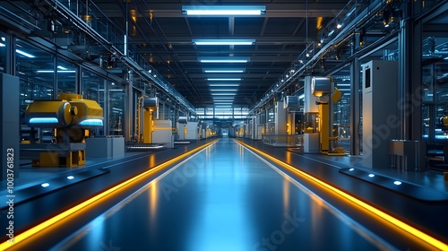 A high-tech manufacturing plant where robots equipped with lasers scan food products for imperfections, futuristic and clean industrial setting