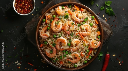 Pilaf with seafood Traditional oriental hot dish of boiled rice shrimps vegetables and spices Pilaf with shrimp carrots onions green peas and green sprouts Top view photo