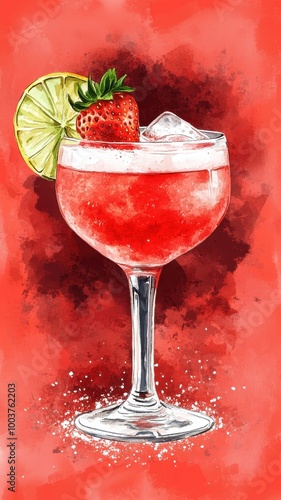 Watercolor of Strawberry Margarita summer cocktail drink with silver tequila, lime juice, liqueur,fresh berries,ice in glass with salt rim,daiquiri cocktail with lime and rum,menu drink.