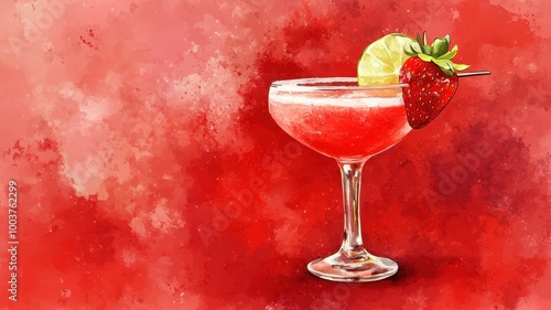 Wallpaper Mural Watercolor of Strawberry Margarita summer cocktail drink with silver tequila, lime juice, liqueur,fresh berries,ice in glass with salt rim,daiquiri cocktail with lime and rum,menu drink. Torontodigital.ca