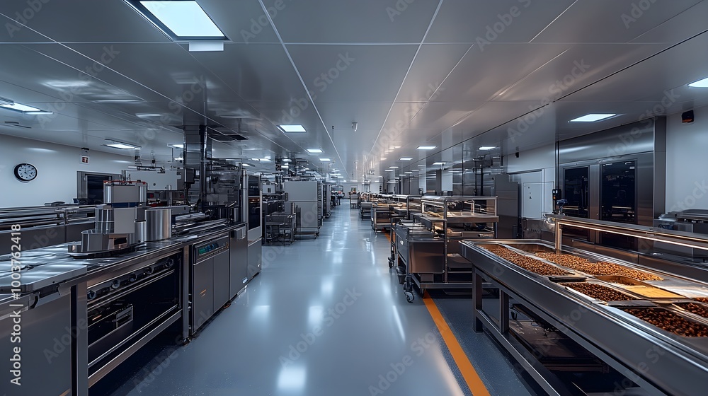 A panoramic view of a futuristic food production line, showcasing fully automated machinery with AI-driven quality control at every stage, precise and efficient A panoramic view of a futuristic food production line, showcasing fully automated machinery with AI-driven quality control at every stage, precise and efficient