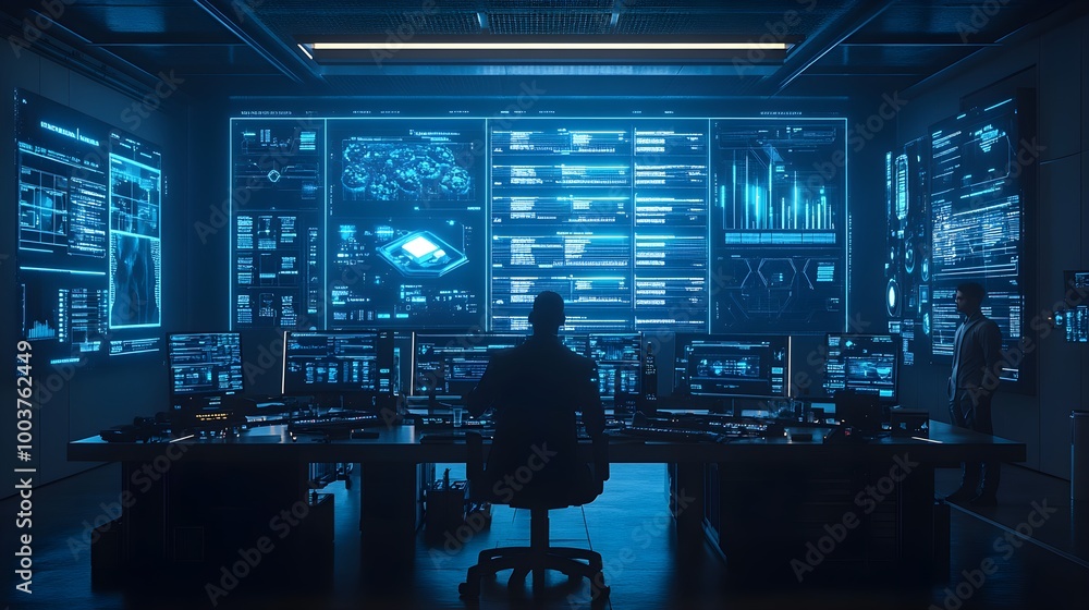 Engineers in a sleek control room, interacting with floating holographic screens showing food quality metrics, dark sci-fi style, neon blue, HDR Engineers in a sleek control room, interacting with floating holographic screens showing food quality metrics, dark sci-fi style, neon blue, HDR