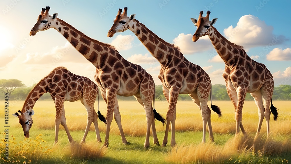 Obraz premium Immerse yourself in the tranquil beauty of the African savannah with this captivating image of giraffes grazing peacefully in a golden meadow. 
