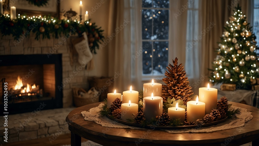 A cozy space decorated for Christmas, filled with warm candlelight and festive touches. A cozy space decorated for Christmas, filled with warm candlelight and festive touches.