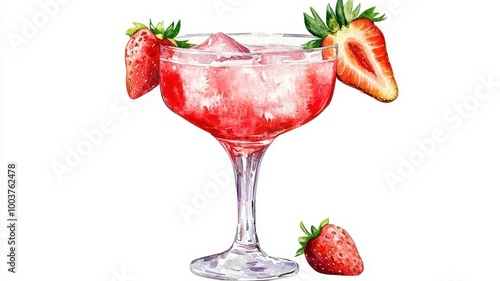 Watercolor of Strawberry Margarita summer cocktail drink with silver tequila, lime juice, liqueur,fresh berries,ice in glass with salt rim,daiquiri cocktail with lime and rum,menu drink.