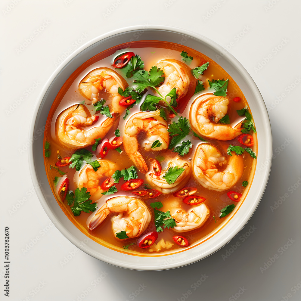 bowl filled with Tom Yum Kung, a traditional Thai soup featuring prawns and red chili peppers, isolated on a solid, stark white color backdrop bowl filled with Tom Yum Kung, a traditional Thai soup featuring prawns and red chili peppers, isolated on a solid, stark white color backdrop